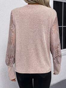 Blusa de mujer con mangas de encaje floral, parches y tejido de gofre, color blanco - Rosa vieja - Ver 9