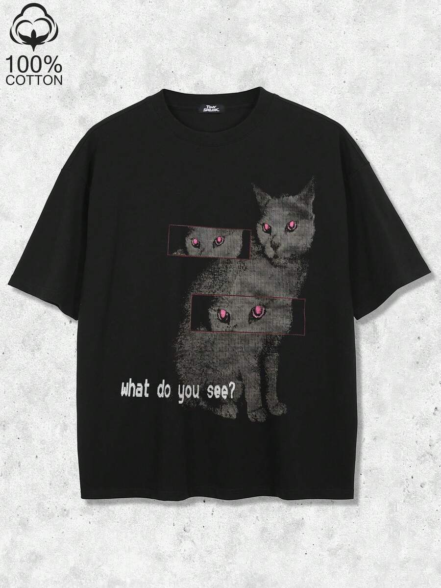 Tiny Spark Black Tee Shirt Vintage Graphic Cat Eyes Printed - Black - View 1