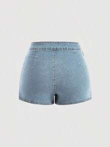 Women's Asymmetrical Hem Denim Skirt With Ruffle Trim - Negro - Ver 2