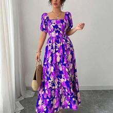 Elenzya Floral Print Waist Defined Puff Sleeve Square Neck Women Dress - Amarillo - Ver 11