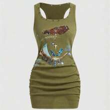 ROMWE Grunge Punk Women's Retro Baddie Unisex Streetwear Casual Star & Rivet Print Bodycon Mini Dress - Verde militar - Ver 1