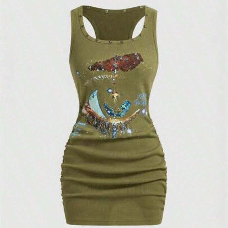 ROMWE Grunge Punk Women's Retro Baddie Unisex Streetwear Casual Star & Rivet Print Bodycon Mini Dress - Verde militar - Ver 1