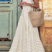Women's Shoulder Strap Chest Gathered Striped Dress Maxi Vacation Beach Outfit - Caqui - Ver 1