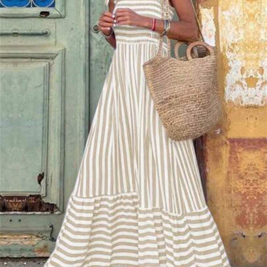 Women's Shoulder Strap Chest Gathered Striped Dress Maxi Vacation Beach Outfit - Caqui - Ver 1