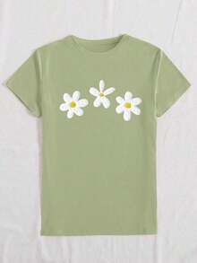 Camiseta de algodón 100% con cuello redondo, manga corta y estampado de perlas falsas, top casual de verano para mujer - verde militar 3 - Ver 3