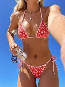 Conjunto de bikini de 2 piezas con estampado floral diminuto y escote halter para vacaciones y playa - Rojo - Ver 10