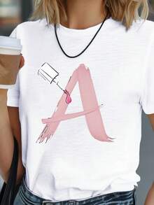 Camiseta para Mujer con Estampado Creativo de la Letra A y Diseño de Esmalte de Uñas, Nueva, de Verano, Versátil, Casual, de Manga Corta y Efecto Adelgazante - Blanco - Ver 6