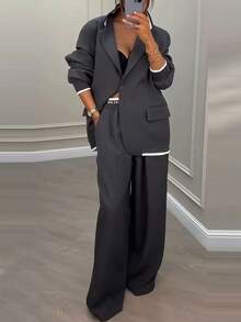Conjunto de blazer manga larga y pantalones anchos estilo elegante para mujer - Gris Oscuro - Ver 3