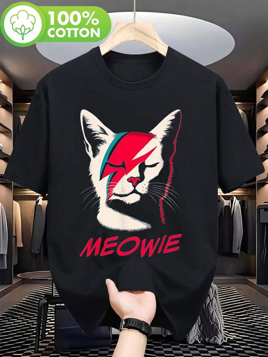 Camiseta Negra para Hombre y Parejas - Camiseta con Gráfico de Gato Inspirado en Bowie con Estampado MEOWIE - Camiseta Suave para el Día a Día para Gimnasio, Senderismo, Fiestas - Top Casual Lavable a Máquina para Amantes de los Gatos, Camiseta de Gato, Senderismo. jpg - Negro - Ver 1