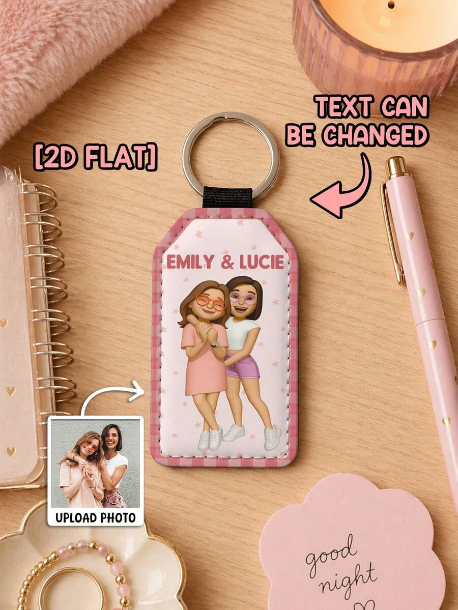 Llavero de cuero plano trapezoidal 2D, regalo para mejor amiga, adecuado para amigas, grabado personalizado con foto, colgante para bolso y billetera