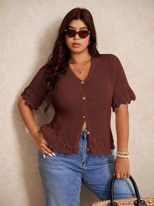Plus Size Cardigans - ブラウン - チェックする 3