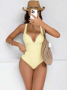Traje de baño de una pieza con control de abdomen y push-up, con parches de color marrón, cordón de ajuste elegante y sexy, para fiestas y piscina - Beis - Ver 5