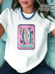 Plus Size - Plus Size - Plus Size Sardine Print T-Shirt, White Short Sleeve Crew Neck T-Shirt, Machine Washable, Casual Style, Comfortable Fit, Modern Design, Versatile For Everyday Wear, Soft Fabric, Fashionable Style - 白色 - 查看 7