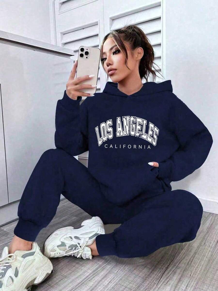 Teen Girl Letter Pattern Warm Hoodie And Sweatpants Casual Set - Royal Blue - View 1