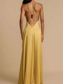 Vestido largo satén verano mujer cuello V espalda descubierta elegante estilo europeo sensual - Dorado - Ver 6