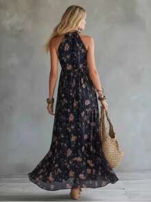 Silueta urbana retro vestido largo sin mangas de chifón estampado con flores negras - Negro - Ver 3