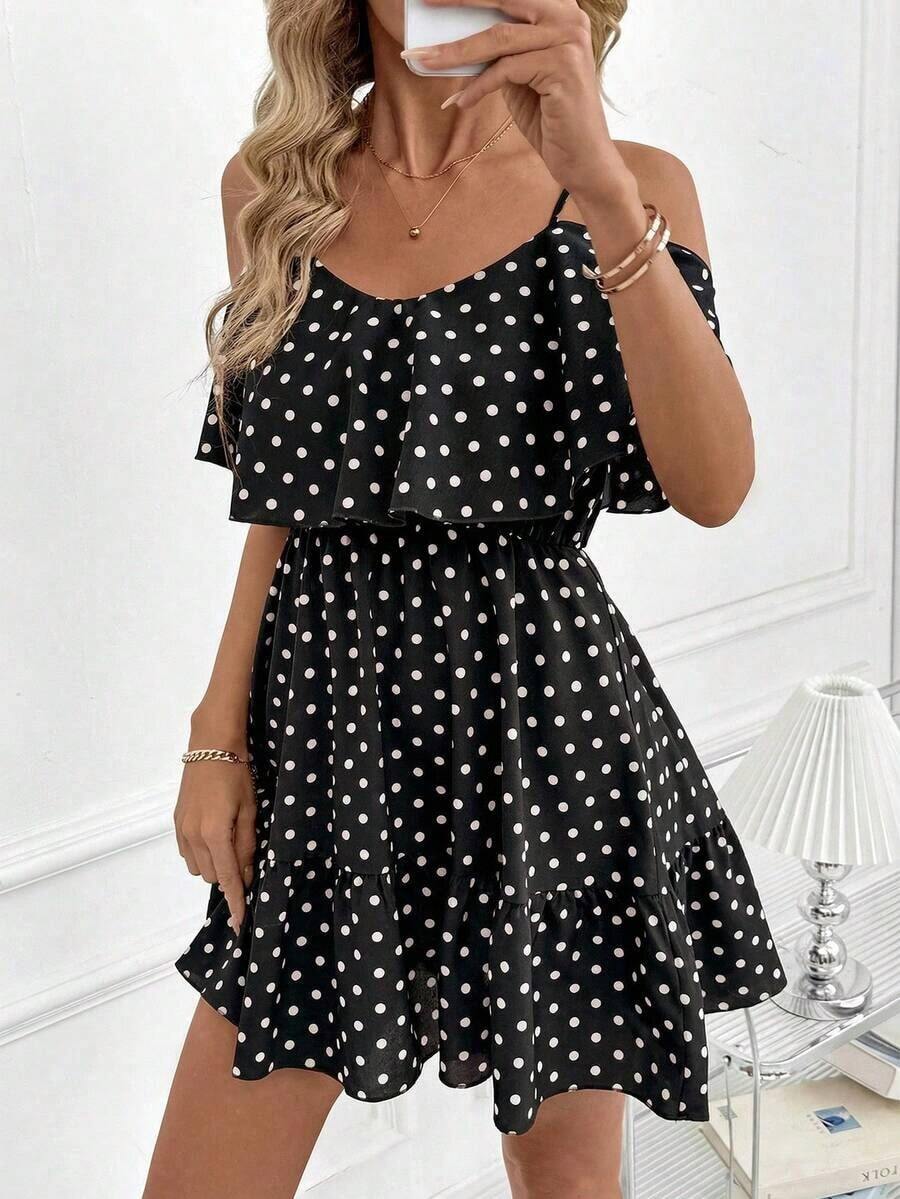 Vestido corto elegante de mujer con cuello en V, volantes, cintura y línea A, con estampado de lunares marrones y hombros descubiertos - Blanco y Negro - Ver 1