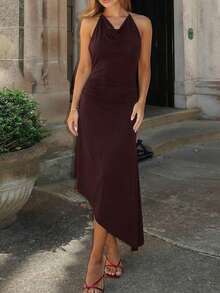 Vestido mujer moda espalda descubierta pliegues cintura ajustada lazos elegante estilo europeo - Café - Ver 7