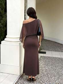 Spring/Summer Women's Romantic Elegant Fashion Poncho Design Asymmetric Collar Chiffon Knit Ruched Bodycon Maxi Dress, Back Keyhole Button - Brown - View 3