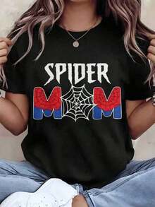 Korean Camiseta de Mujer con Estampado Gráfico de Spider Mom, Cuello Redondo, Ropa Casual, Regalo, , Tops Elegantes para Primavera y Verano, Camisetas Gráficas Favoritas de Hombres y Mujeres, Disponibles en Tallas para Niños y Adultos.Graphic Tee - Negro - Ver 1