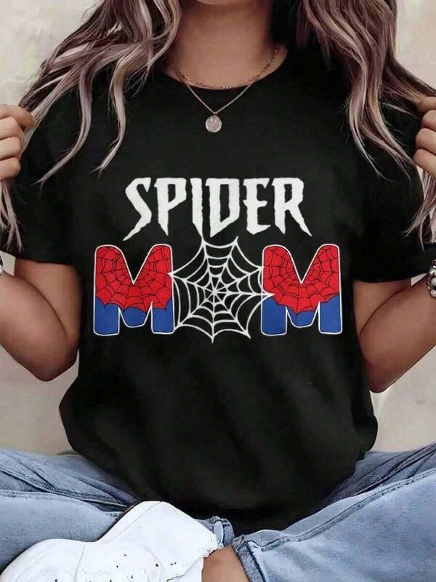 Korean Camiseta de Mujer con Estampado Gráfico de Spider Mom, Cuello Redondo, Ropa Casual, Regalo, , Tops Elegantes para Primavera y Verano, Camisetas Gráficas Favoritas de Hombres y Mujeres, Disponibles en Tallas para Niños y Adultos.Graphic Tee - Negro - Ver 1
