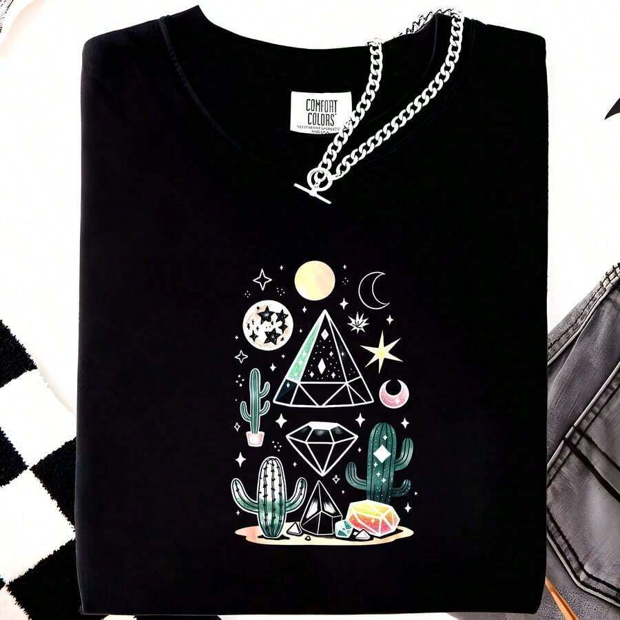 Camiseta de algodón básico para hombre con estampado de cactus de cristal y arte astrológico del desierto, 220 g - Comodidad inigualable - Adecuada para todas las personas, ya sean mujeres u hombres - Tejido duradero de alta calidad apto para todas las estaciones, suave al tacto pero hecho para durar - Top transpirable - Conjuntos de otoño para mujer - Conjuntos de vacaciones para mujer - Disfraz de Halloween para mujer - Negro - Ver 1