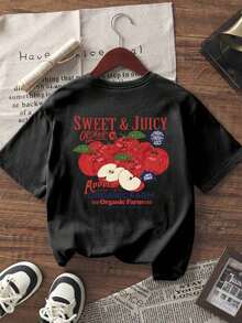 Camiseta de manga corta de cuello redondo casual con estampado minimalista de manzana y frutas, top de mujer de moda y versátil-Vintage Street Style Unisexoose Cotton Short Sleeve Crew Neck T-Shirt - Negro - Ver 2