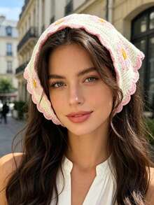 1 pieza Pañuelo triangular de ganchillo con flores, diadema floral linda & dulce para decoración de vacaciones en la playa, accesorios de cabello de verano para mujeres, pañuelos - Multicolor - Ver 7