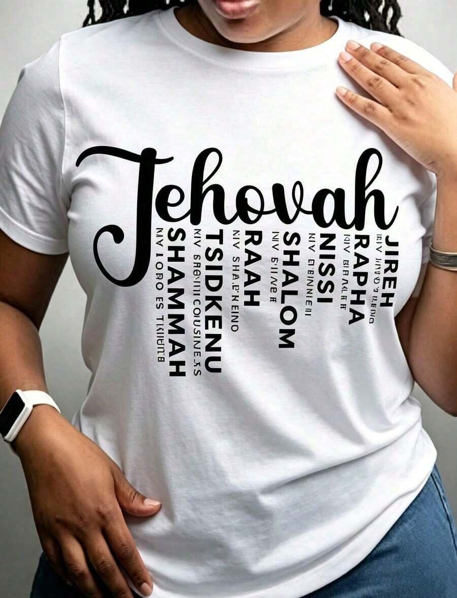 1 camiseta negra para mujer con estampado de Jehová, cuello redondo, camiseta casual de algodón, tejido de punto de elasticidad media, corte regular para damas, ideal para primavera/verano/otoño, Día de la Independencia. - Blanco - Ver 1