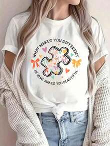 1 Camiseta de Moda Casual para Hombres y Mujeres, 100% Algodón, con Diseño de Concientización sobre el Autismo y Lazo Coqueta, para Neurodiversidad. Versátil, fácil de combinar, adecuada para uso diario, estilo urbano, vacaciones y fines de semana. - Blanco - Ver 1