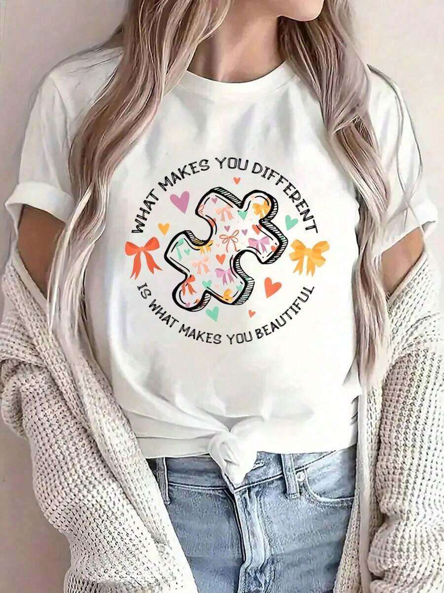 1 Camiseta de Moda Casual para Hombres y Mujeres, 100% Algodón, con Diseño de Concientización sobre el Autismo y Lazo Coqueta, para Neurodiversidad. Versátil, fácil de combinar, adecuada para uso diario, estilo urbano, vacaciones y fines de semana. - Blanco - Ver 1