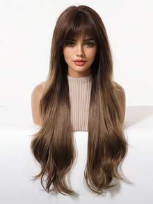 28 Inch Brown Ombre Natural Wavy Long Curly Wig With Bangs, Heat Resistant Synthetic Wigs, Easy To Wear And Style For Women, Suitable For Halloween, Cosplay, Music Festivals, Beginner Friendly, Holiday Gift - Brown Ombre - View 4