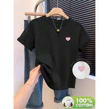 Women's Short-Sleeved T-Shirt, 100% Cotton, Round Neck, Pink Heart Embroidery, Soft And Pleasant To The Touch, Breathable And Comfortable Fabric, Ideal For All Seasons, Perfect For Casual Outings, Wash - [] - 查看 1