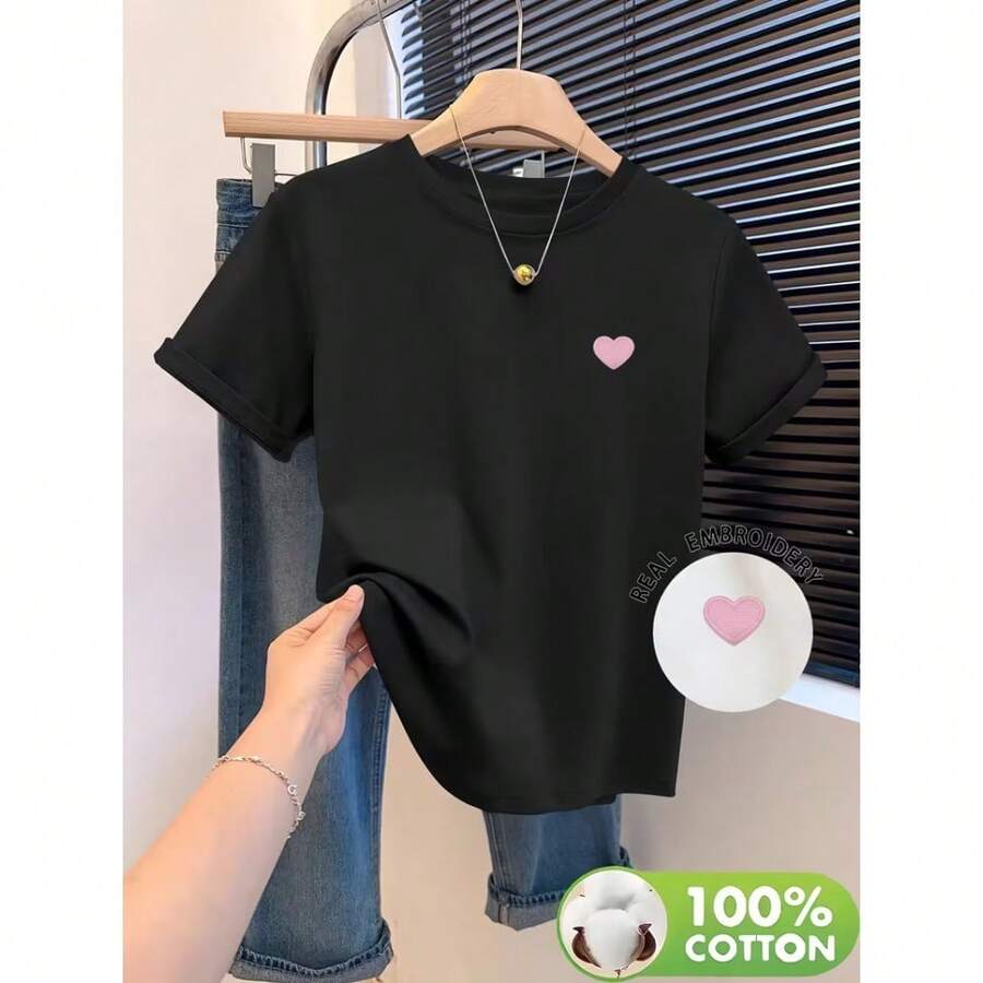 Women's Short-Sleeved T-Shirt, 100% Cotton, Round Neck, Pink Heart Embroidery, Soft And Pleasant To The Touch, Breathable And Comfortable Fabric, Ideal For All Seasons, Perfect For Casual Outings, Wash - [] - 查看 1