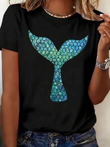 Beautiful Mermaid Fish Tail Pattern Print Short Sleeve Regular Fit Round Neck T-Shirt, Spring And Summer Women'S Clothing, Outdoor Fashion Casual, Lightweight And Breathable Fabric, Suitable For Gifts For Daughter, Sister, Birthday, Best Friend - 黑色 - 查看 1