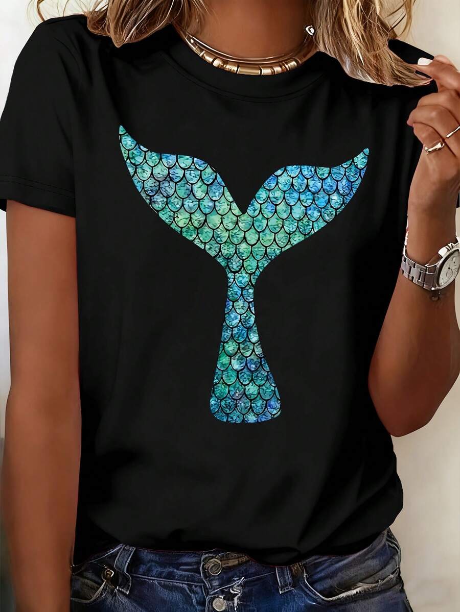 Beautiful Mermaid Fish Tail Pattern Print Short Sleeve Regular Fit Round Neck T-Shirt, Spring And Summer Women'S Clothing, Outdoor Fashion Casual, Lightweight And Breathable Fabric, Suitable For Gifts For Daughter, Sister, Birthday, Best Friend - 黑色 - 查看 1