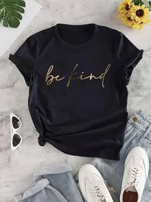 [BE KIND T-Shirt] BE KIND Print Crew Neck T-Shirt | Casual Loose Short Sleeve Summer Tops - Women's Clothing - 黑色 - 查看 1