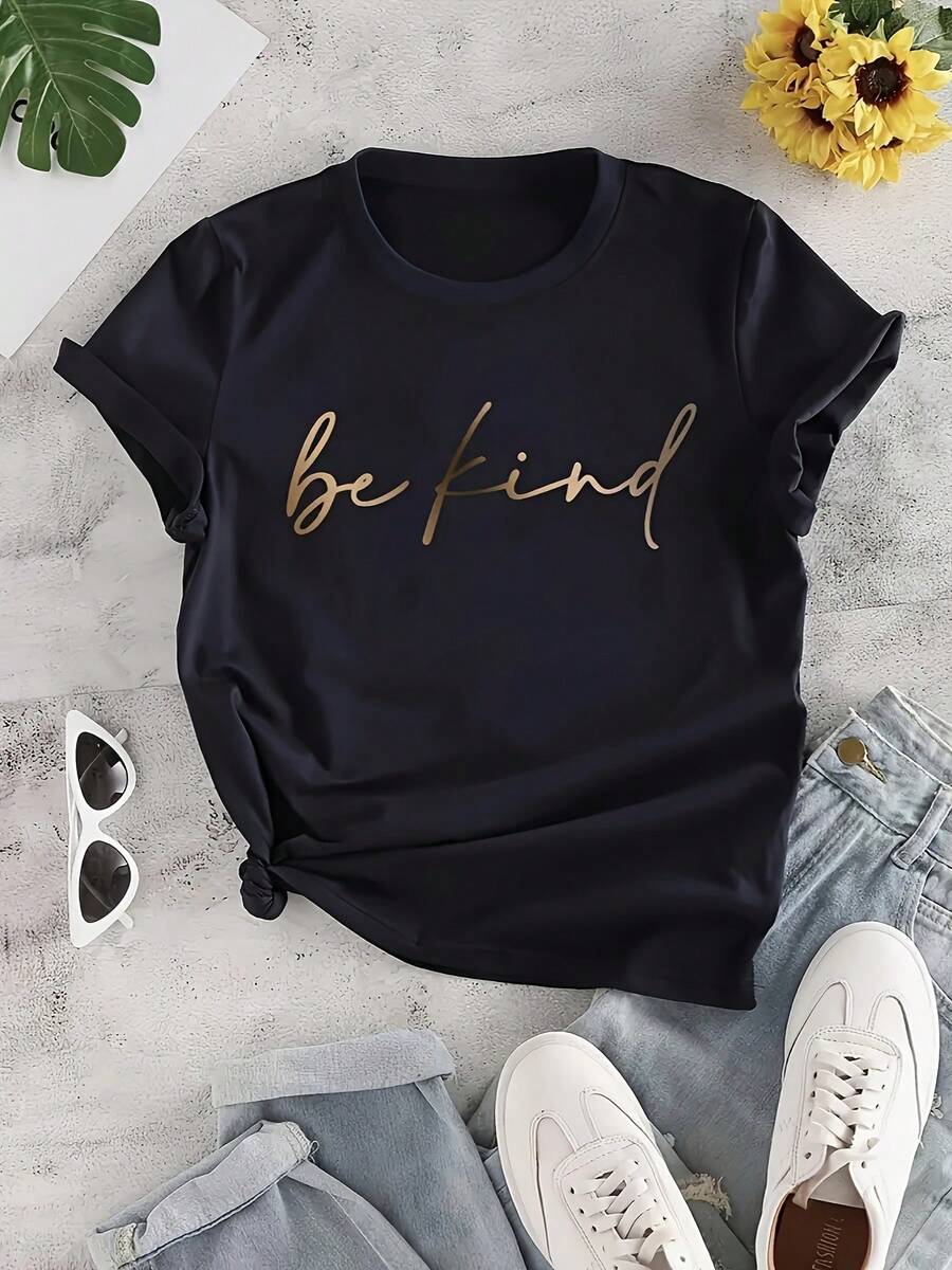 [BE KIND T-Shirt] BE KIND Print Crew Neck T-Shirt | Casual Loose Short Sleeve Summer Tops - Women's Clothing - 黑色 - 查看 1