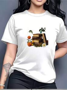 Women's 180g T-Shirt With Vintage Floral And Book Stack Design - Perfect For Gifts, Family Outings, And Office Wear - Ideal T-Shirt For Spring/Summer - 白色 - 查看 7