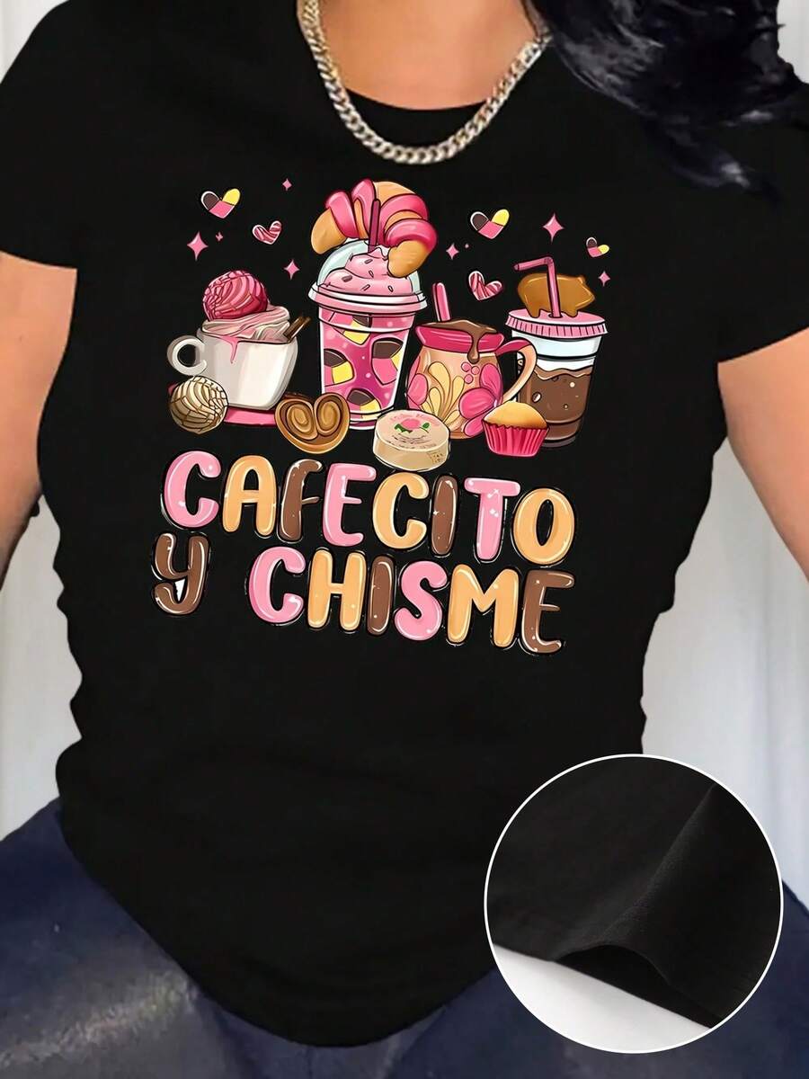 Camiseta de manga corta para mujer con estampado minimalista de postres, camiseta deportiva casual para un outfit cómodo de verano durante las vacaciones
