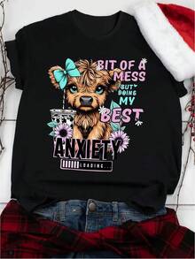 Camiseta casual con estampado de vaca adorable de dibujos animados, camiseta deportiva de moda de manga corta y cuello redondo, top cómodo para mujer - Negro - Ver 2