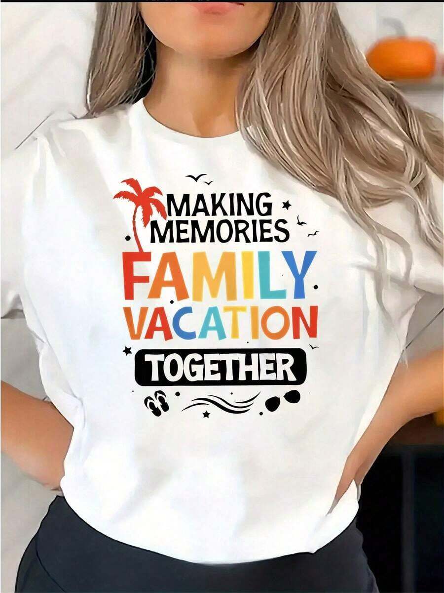 Camiseta Casual de Cuello Redondo para Mujer con Estampado Colorido "Creando Recuerdos en Vacaciones Familiares Juntos", Tejido de Poliéster, Elasticidad Media, Ajuste Cómodo para Todas las Temporadas, Camiseta Gráfica. - Blanco - Ver 1