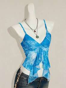 ICON Camisola Ajustada con Cuello en V y Volantes, Estampado Paisley Teal, Estilo Bohemio Retro Sexy Y2K para Mujer - Azul - Ver 9