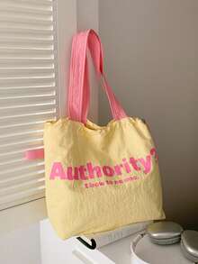 2025 New Drawstring Large Capacity Shoulder Canvas Bag, Japanese Letter Nylon Handbag Tote Bag For Commuting - Yellow - View 5