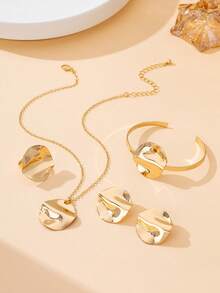 Bộ trang sức nữ đa năng, tối giản, cổ điển gồm 1 bông tai hình học tròn bóng bẩy, 1 dây chuyền, 1 nhẫn và 1 vòng tay. - Vàng - Xem 3