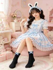 1/2/4 Pairs Women's Handmade Cute Rabbit Ear, Bowknot, Lolita Style Mid-Calf Socks - Multicolor - View 11
