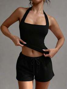 Camiseta sin espalda sexy, top de verano con cuello cuadrado elástico, ajuste casual y elegante, color amarillo para vacaciones - Negro - Ver 8
