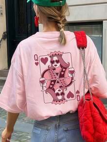 1 pieza Camiseta de mujer de manga corta y cuello redondo, suelta para el verano, con estampado temático de "Reina de Corazones" en vino tinto, adecuada para la oficina, salidas, uso diario, citas, fiestas, reuniones, ropa casual de calle en color rosa - Rosa - Ver 8