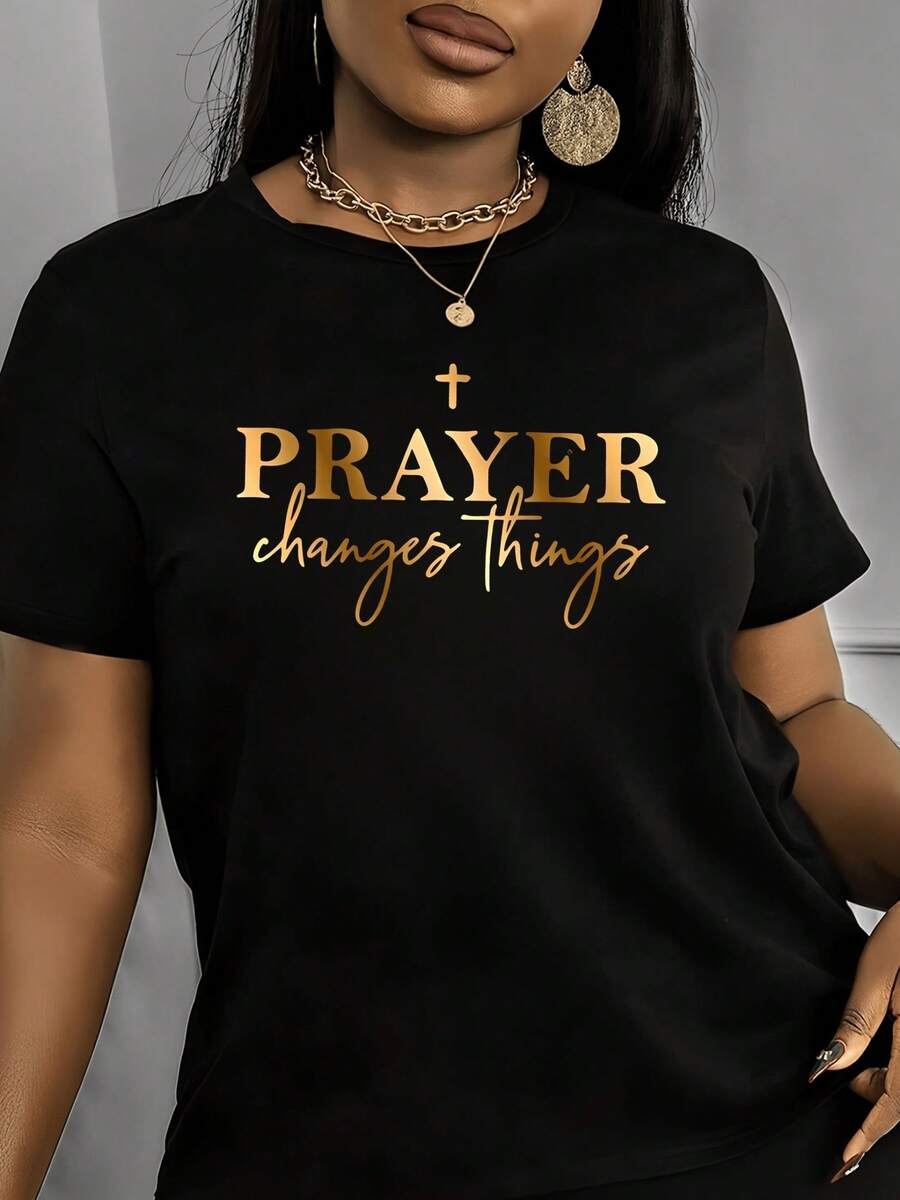 Elegant Women's T-Shirt With Round Neck And Letter Print In Polyester For Spring/Summer - Black - View 1