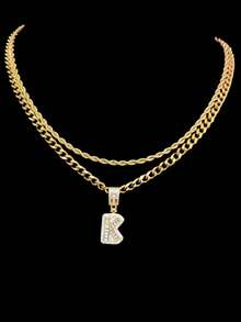 Bộ 2 món: 1 mặt dây chuyền chữ cái đính đá Cubic Zirconia & 2 dây chuyền thép không gỉ, 26 chữ cái tiếng Anh, Dây chuyền mặt dây chuyền phong cách hip hop cổ điển dành cho nữ, Thích hợp đeo hàng ngày hoặc dự tiệc, Quà tặng ngày Valentine - Vàng - Xem 36